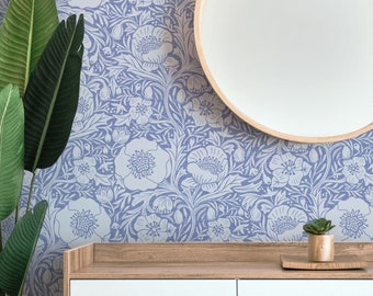 Damask Wallpaper | Botanical Floral Wallpaper | Blue Poppy Flower Design | Modern Print Removable Wallpaper