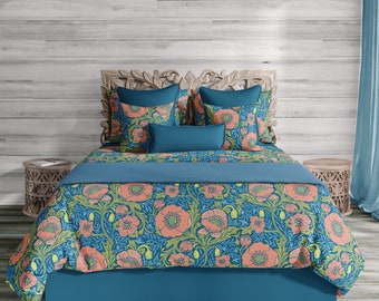 Pink and Blue Floral Duvet Cover, Cottage Core Bedding, Arts and Crafts Design Pink Bedding Set AND shams