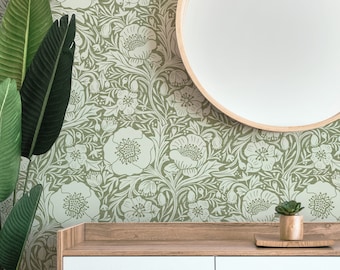 Damask Wallpaper | Botanical Floral Wallpaper | Poppy Flower Design on Sage Green | Modern Print Removable Wallpaper