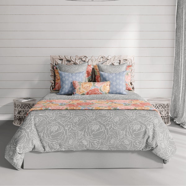 Cotton floral duvet cover, shabby chic bedding, line art flowers on light gray watercolor texture cotton bedding set OR shams set