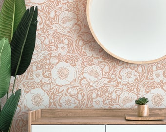 Damask Wallpaper | Botanical Floral Wallpaper | Poppy Flower Design on Peach | Modern Print Removable Wallpaper