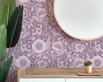 Damask Wallpaper | Botanical Floral Wallpaper | Poppy Flower Design on Purple | Modern Print Removable Wallpaper