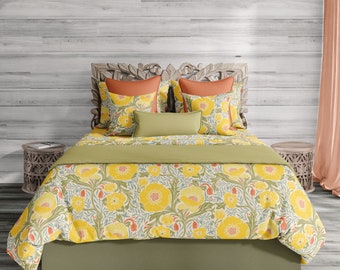 Yellow Floral duvet cover, cottage core bedding set, floral arts and crafts design cotton bedding OR shams set