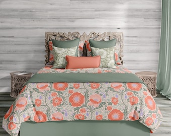 Pink Floral duvet cover, cottage core bedding set, floral arts and crafts design cotton bedding OR shams set