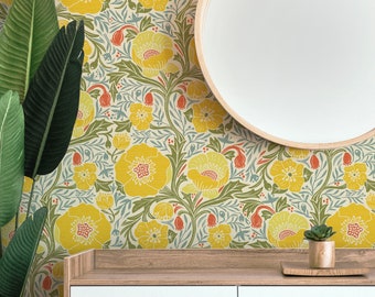 Damask Wallpaper | Botanical Floral Wallpaper of Yellow Poppy Flower Design | Modern Print Removable Wallpaper