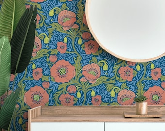 Damask Wallpaper | Botanical Floral Wallpaper of Red Poppy Flower Design on Blue | Modern Print Removable Wallpaper