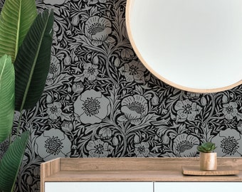 Damask Wallpaper | Botanical Floral Wallpaper | Poppy Flower Design on Black | Modern Print Removable Wallpaper