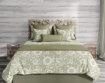 Sage Green Floral duvet cover, cottage core bedding set, floral arts and crafts design cotton bedding OR shams set