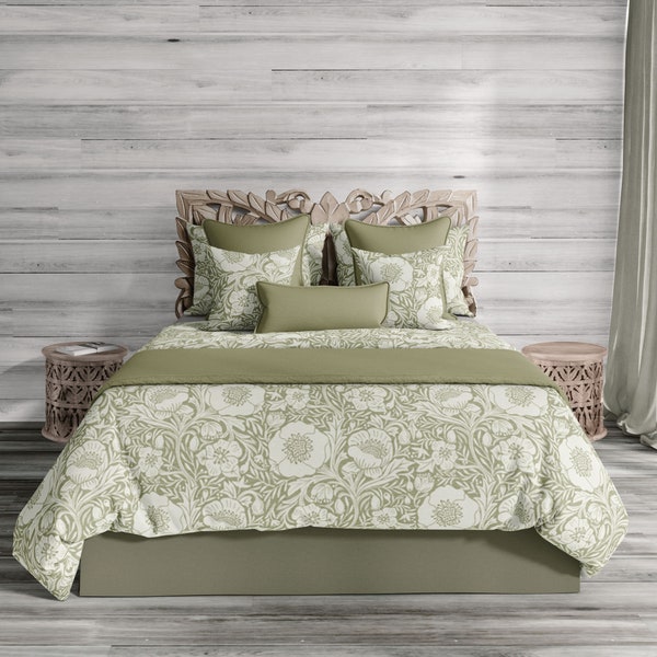 Sage Green Floral duvet cover, cottage core bedding set, floral arts and crafts design cotton bedding OR shams set