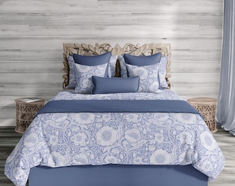 Blue Floral duvet cover, cottage core bedding set, floral arts and crafts design cotton bedding OR shams set