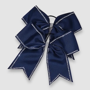 10 Rhinestone Large Dark Blue Bows | Cheerleaders Bow | Elastic band with Bow Attachment | Hair Accessories for Her | Thin and Thick hair
