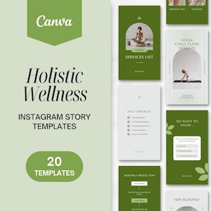 20 Holistic Wellness Instagram Story Templates | Fully Editable on Canva | Green Minimalistic Aesthetic | Nature, Health, Mindfulness & Yoga