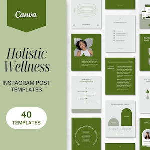 40 Holistic Wellness Instagram Post Templates | Fully Editable on Canva | Green Minimalistic Aesthetic | Nature, Health & Yoga