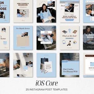 May include: A collection of 25 Instagram post templates with a light blue and beige color scheme. The templates feature text overlays and images related to design, mood boards, and business services. The text "iOS Core" and "25 Instagram Post Templates" are visible.
