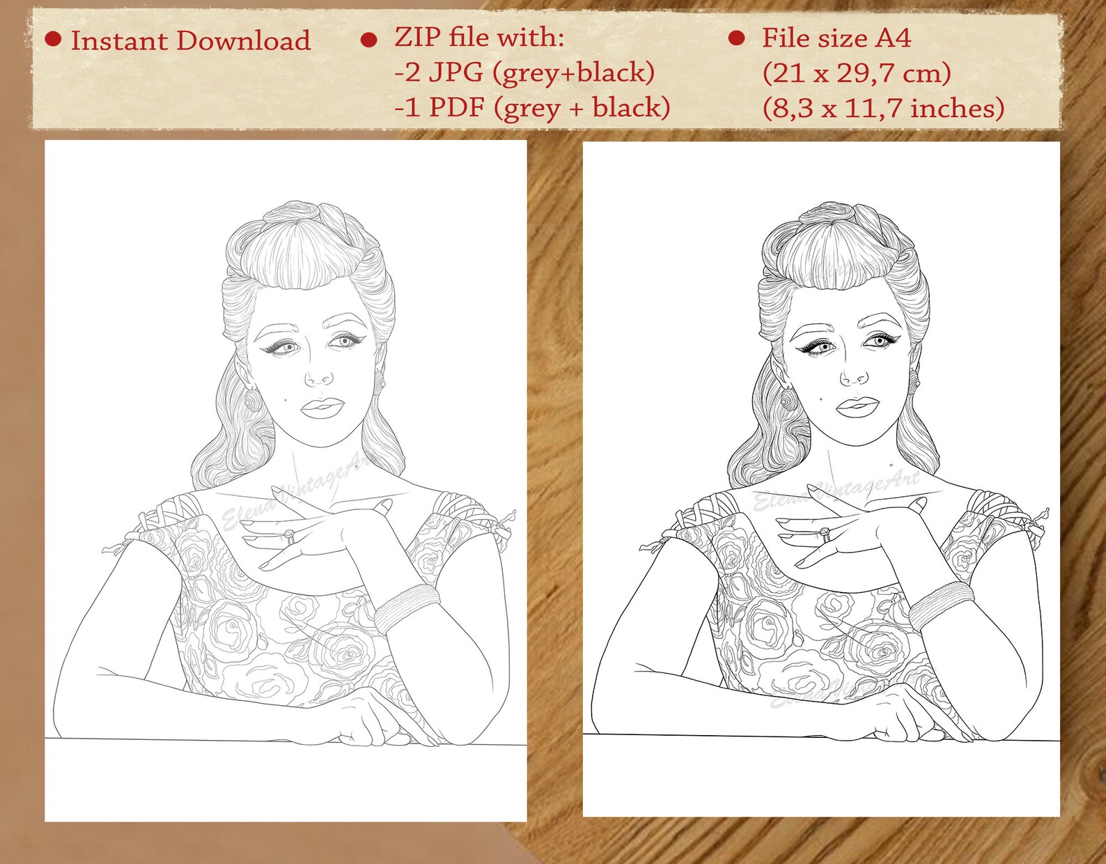 Pin up Portrait Coloring Page adult Coloring Book Pin up Etsy