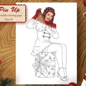 Pin up Christmas coloring page | Vintage adult coloring card | pin up poster | Christmas coloring pages | Christmas coloring book page