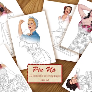 10 Pin-Up-Malseiten |Malbuch für Erwachsene| Pin-up druckbarer sofortiger Download| PDF-Malseite| Pin-up-Malvorlage