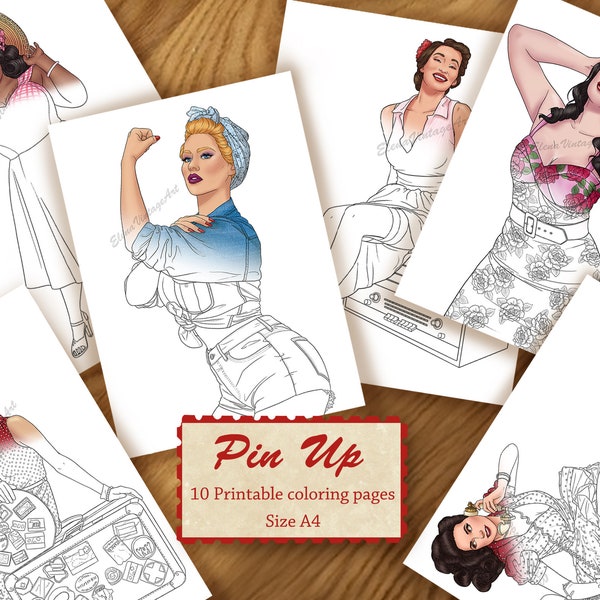 10 Pin Up coloring pages |Adult coloring book| pin up printable instant download| pdf coloring page | pin up coloring page