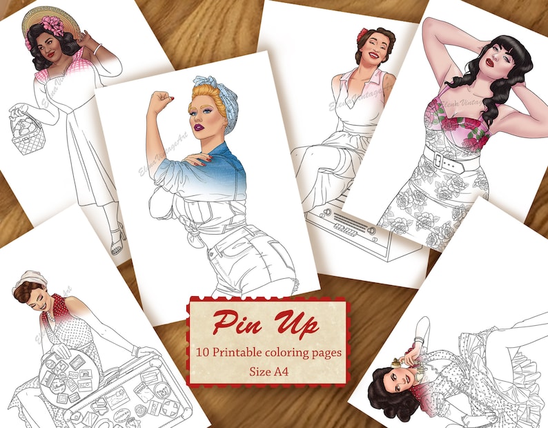 10 Pin Up Malvorlagen Malbuch für Erwachsene Pin-Up druckbarer Sofort