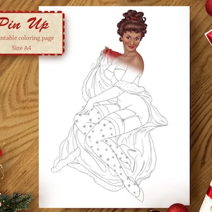 Black woman pin up coloring page | Christmas coloring page | Adult Christmas coloring pages| sexy coloring page