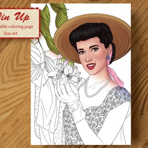 Pin Up Portrait coloring page |Adult coloring book| pin up printable instant download| pdf coloring page | pin up coloring page