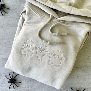 Halloween Ghosts Embroidered Hoodie, Ghosts Hoodie, Tan, Brown, Trendy Halloween Hoodie for Halloween, Embroidered Hoodies, Tone on Tone