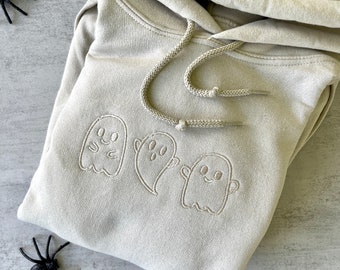 Halloween Ghosts Embroidered Hoodie, Ghosts Hoodie, Tan, Brown, Trendy Halloween Hoodie for Halloween, Embroidered Hoodies, Tone on Tone