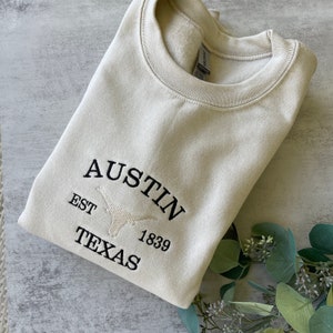 Embroidered Austin Texas Sweatshirt, Texas Sweatshirt, Embroidered Texas Crewneck, Embroidered, Tan Sweatshirt, Trendy, Bull, Texas