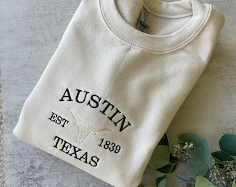 Embroidered Austin Texas Sweatshirt, Texas Sweatshirt, Embroidered Texas Crewneck, Embroidered, Tan Sweatshirt, Trendy, Bull, Texas
