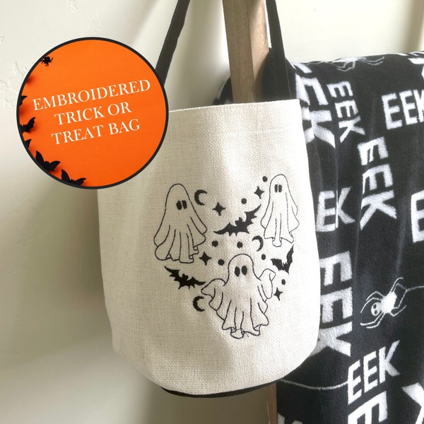 Embroidered Ghost Halloween Tote Bag, Halloween Bag, Personalized Halloween Bag, Halloween Treat Bag, Trick or Treat Bag