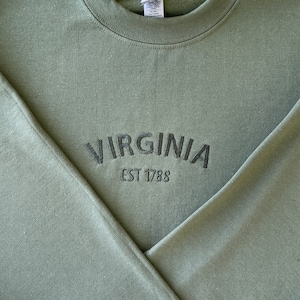 Virginia Embroidered Sweatshirt, Virginia Sweatshirt, State Virginia Crewneck, Embroidered Crewneck Sweatshirts, Green, Long Sleeve