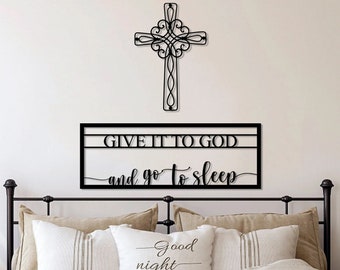 Bedroom Wall Decor, Cross Wall Art, Above Bed Decor Set, Master Bedroom Sign, Give it to God sign, Farmhouse Bedroom Decor