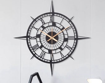 Metal Compass Large Wall Clock, Modern Wall Clock, Minimalist Wall Clock, Unique Wall Clock, Industrial Wall Clock, Livingroom Wall Clock