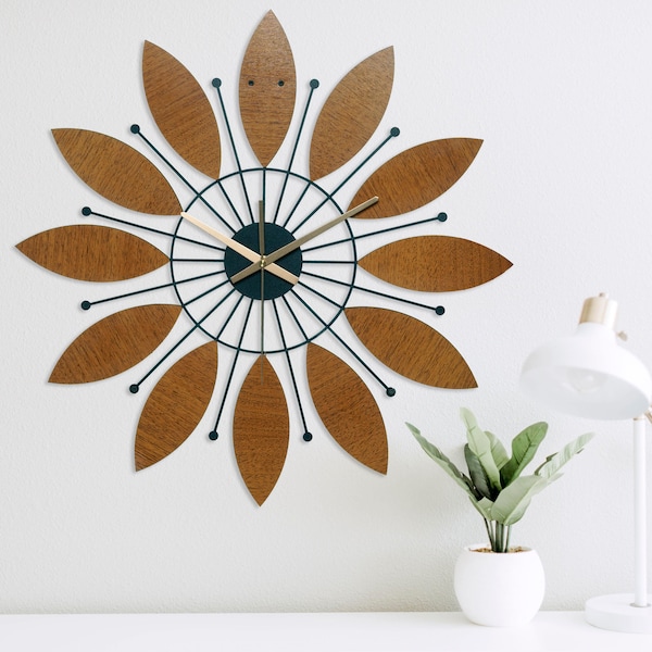 Sunburst Wall Clock Wood, Mid Century Modern Wall Clock, Large Wall Clock, Wall Clock Unique, Wall Clock Farmhouse, Retro Wall Clock