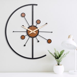 Atomic Wall Clock Wood, Mid Century Modern Wall Clock, Starburst Large Wall Clock, Wall Clock Unique, Wall Clock Farmhouse, Retro Wall Clock image 1