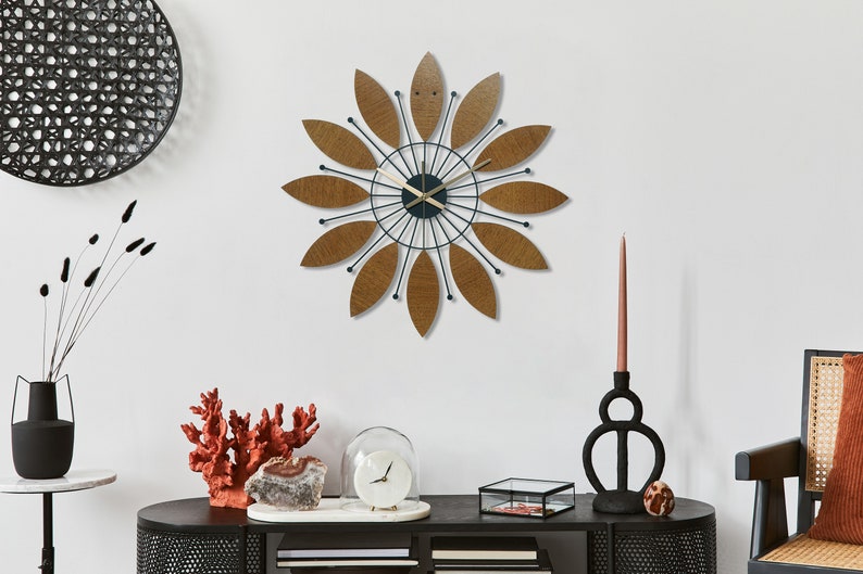 Sunburst Wall Clock Wood, Mid Century Modern Wall Clock, Large Wall Clock, Wall Clock Unique, Wall Clock Farmhouse, Retro Wall Clock image 4