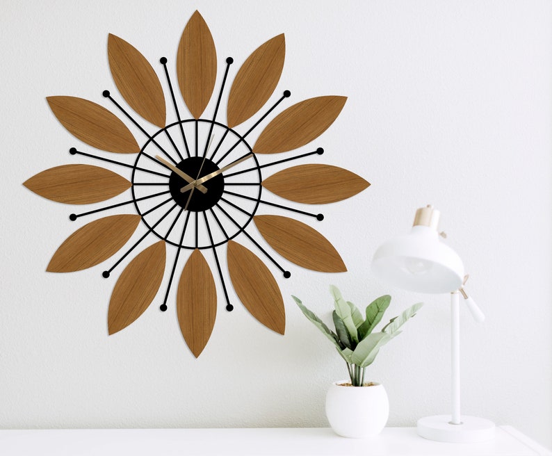 Sunburst Wall Clock Wood Mid Century Modern Wall Clock Large Etsy