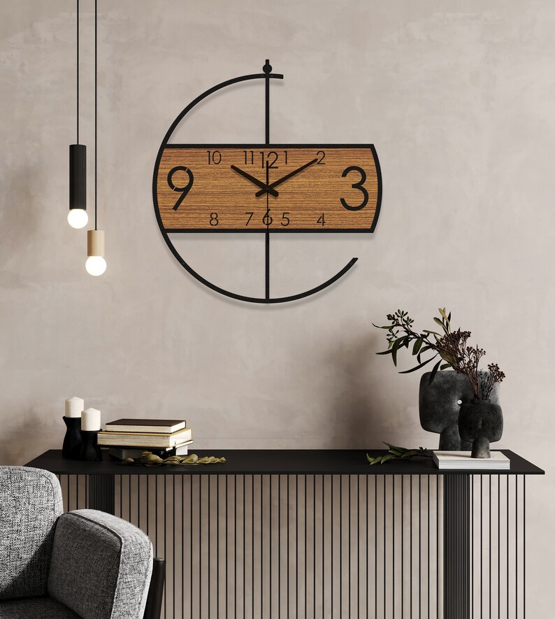 Große moderne Wanduhr, einzigartige Wanduhr, Uhren für die Wand, Design, dekorative Wanduhr, Wohnzimmer, Küche, hölzerne Metallwanduhr Bild 4