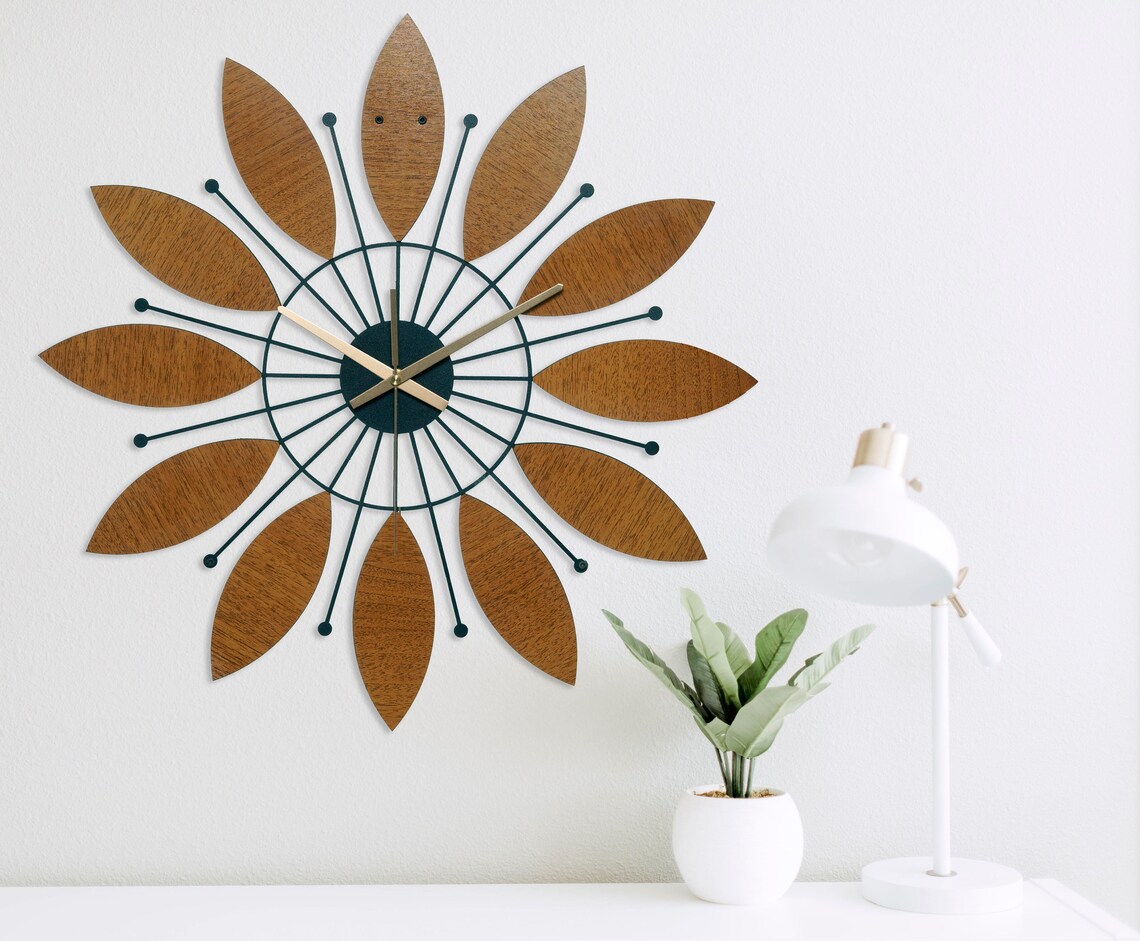 Sunburst Wall Clock Wood Mid Century Modern Wall Clock Large Etsy