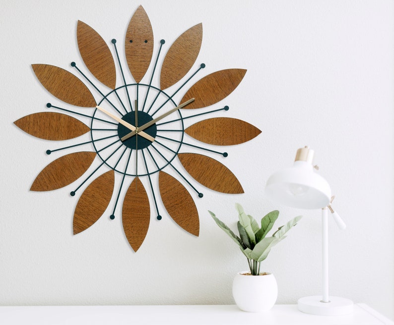 Sunburst Wall Clock Wood, Mid Century Modern Wall Clock, Large Wall Clock, Wall Clock Unique, Wall Clock Farmhouse, Retro Wall Clock image 1