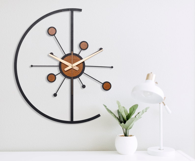 Atomic Wall Clock Wood, Mid Century Modern Wall Clock, Starburst Large Wall Clock, Wall Clock Unique, Wall Clock Farmhouse, Retro Wall Clock image 1