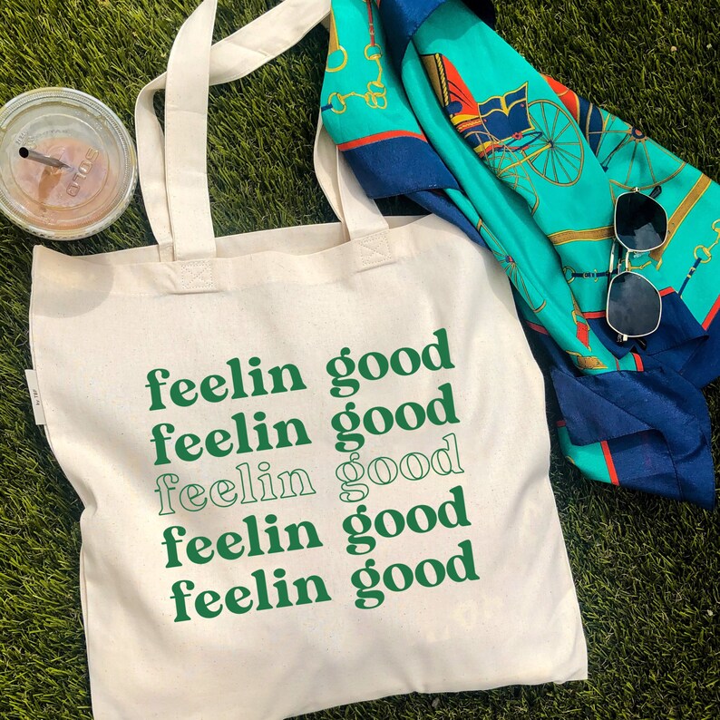 Cotton Feelin Good Tote, Canvas Tote Bag, Green Reusable Tote, Cute Tote Bag, Tote Bag Quote, Vintage Gift Tote for Her, Canvas Graphic Bag 