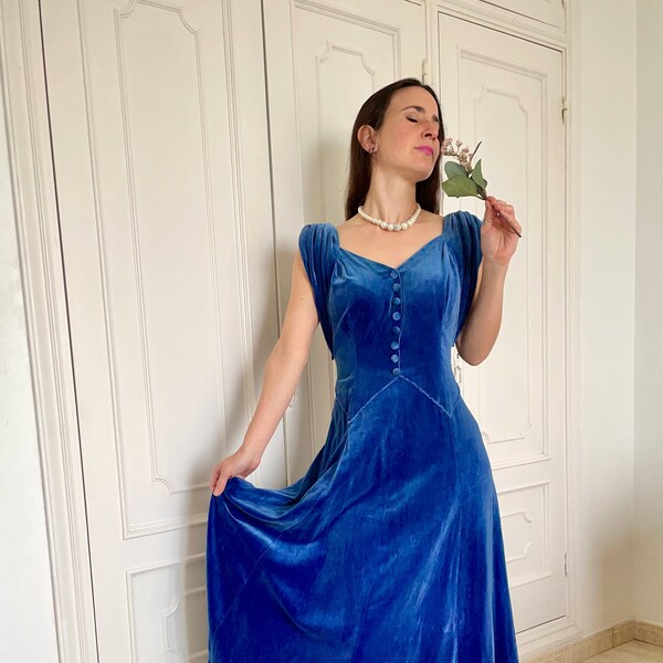 Incroyable robe vintage en velours bleu années 50-60, taille S