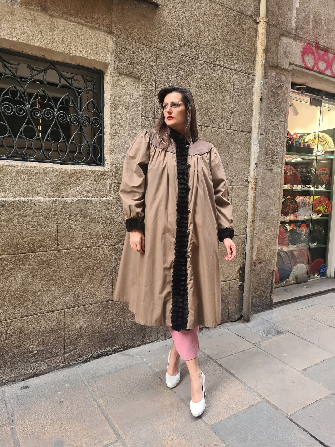 Yves Saint Laurent 1980s Vintage Fur Trim Beige Coat in L