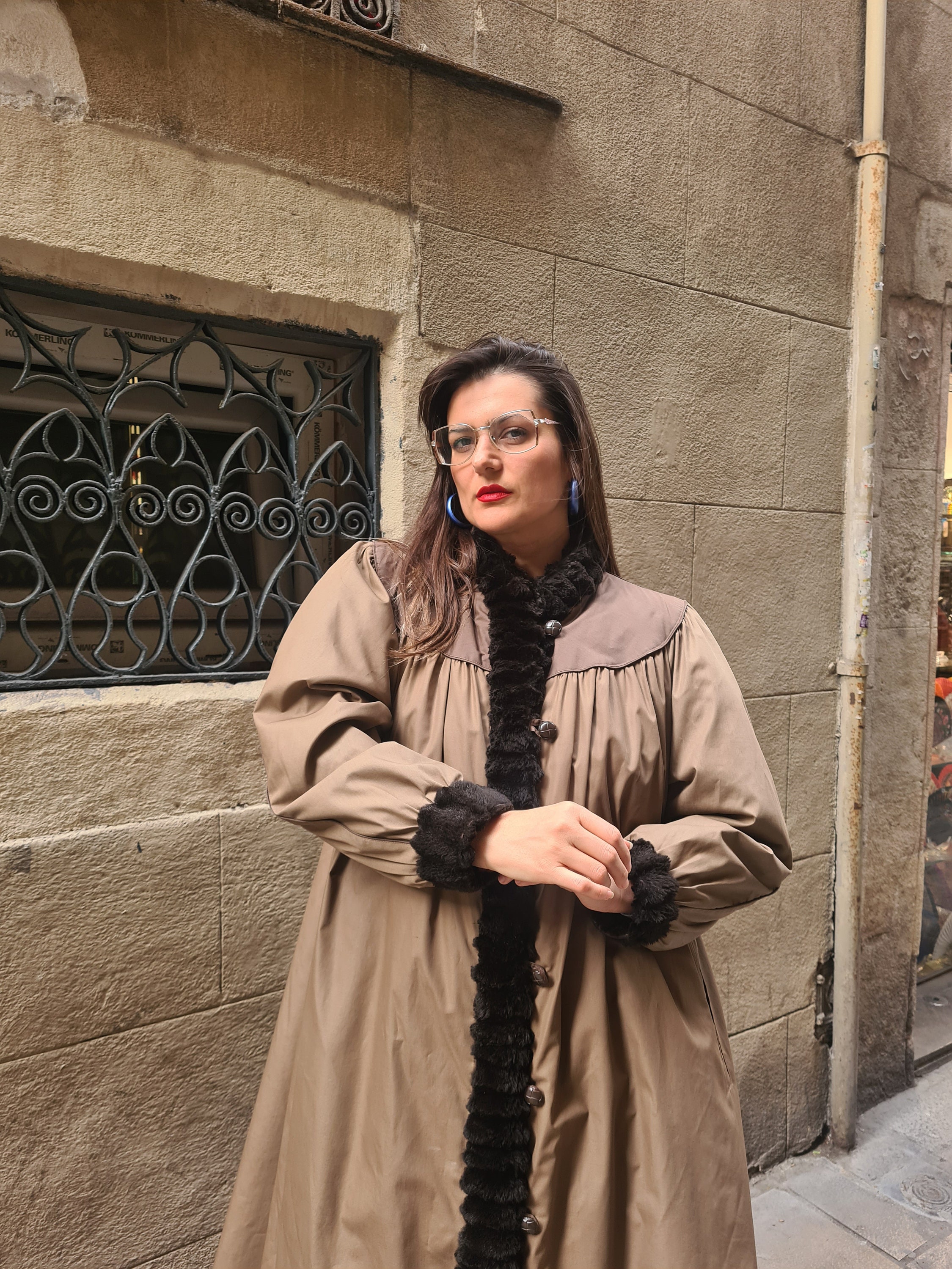 Yves Saint Laurent 1980s Vintage Fur Trim Beige Coat in L