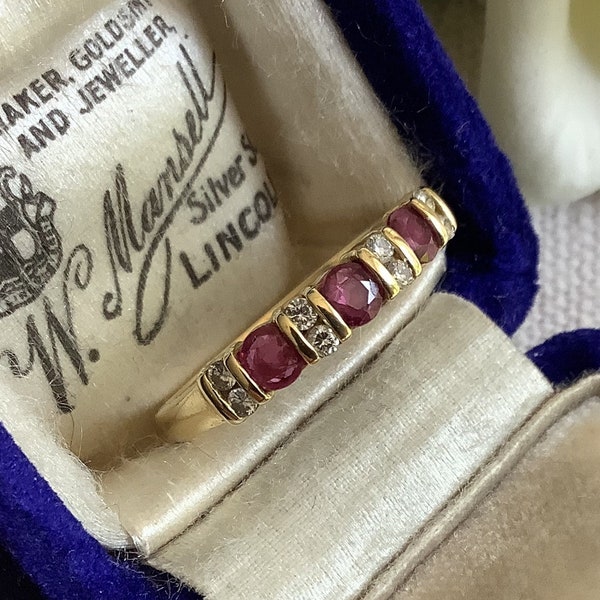 Vintage 18ct gold ruby and diamond ring, 18 carat gold ruby and diamond half eternity ring UK size M