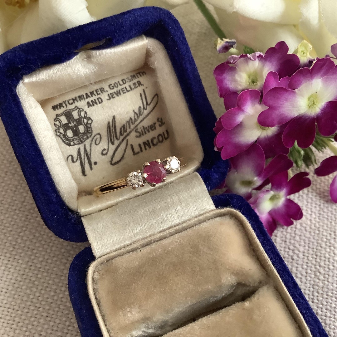 Vintage 18ct Gold Ruby and Diamond Three Stone Ring, 1986, UK Size O - Etsy