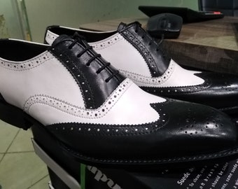 Handmade Men's White Black Leather Wingtip Special Festival Dress Shoes