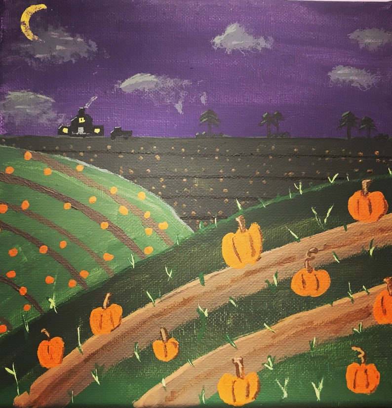 May include: A painting of a pumpkin patch at night. The artwork features orange pumpkins in a field, with a farmhouse and a crescent moon in the background. The sky is a deep purple with white clouds.
