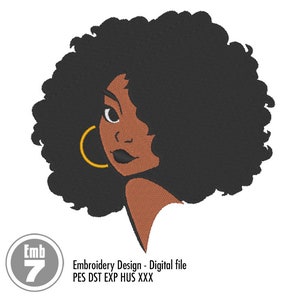 May include: Embroidery design of a woman with large, curly black hair and a brown skin tone. She is wearing large gold hoop earrings. The design is in a profile view.